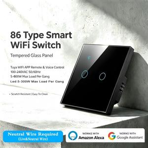 Interrupteur mural tactile intelligent <span class=keywords><strong>Tuya</strong></span> WiFi AC220V avec panneau en verre facile à nettoyer, compatible Alexa Google Home, pour LED 5-300W, nécessitant une fil neutre - Product Image 1