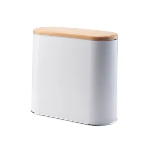 Wood Grain Lid Space Saving Kitchen bathroom Nordic Style Oval Narrow Slim Plastic Trash Can with Press Top