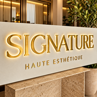 Enseigne personnalisée en acier inoxydable doré avec logo 3D et rétroéclairage LED halo chaud pour la décoration murale de salon de beauté, spa, clinique ou réception