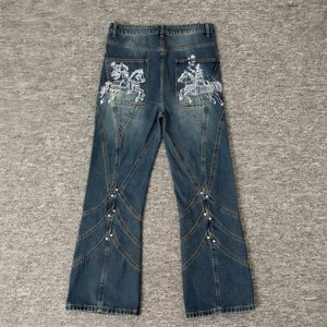 Jeans de marque de créateur 2026 pour hommes, décontractés, taille mi-haute, patchwork brodé, denim <span class=keywords><strong>bleu</strong></span> classique, coupe droite, OEM - Product Image 3