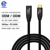 Câble d'extension USB 3.2 USB-C mâle vers femelle LUNGKAY de qualité industrielle, 20 Gbit/s, 240 W, 4K 60 Hz, personnalisé pour ordinateur portable, station d'accueil, SSD, OEM, ODM