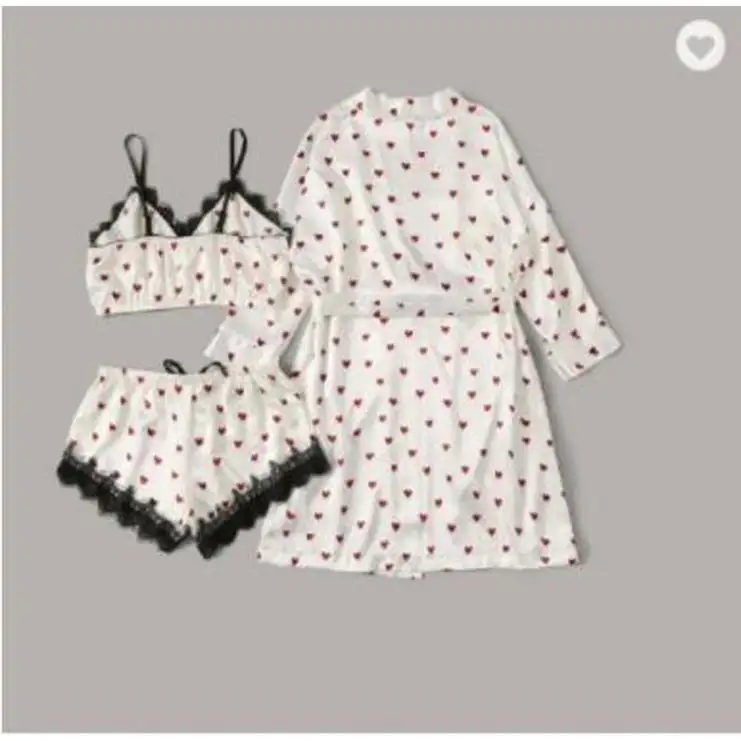 Pajamas sexy Contrast Lace Heart Print Satin Robe Wireless Bra Camisole Shorts Stripe home clothes for women