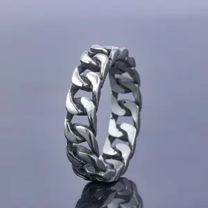 Fashionable Hip Hop Simple Stainless Steel Chain Shape Rings Cuban Curb Link Chain Finger Rings for Men and women