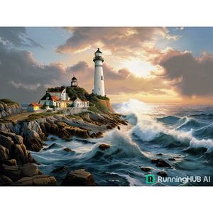 Decoración de pared impresa con pintura de diamante de faro costero clásico con paisaje marino vibrante casas de techo rojo olas y costa rocosa - Product Image 1