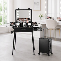 OBOX Trousse de Maquillage Tendance Grande Capacité, Structure en Treillis Personnalisée, Miroir Lumineux Pliant à Couches, Fermeture à Loquet en Plastique