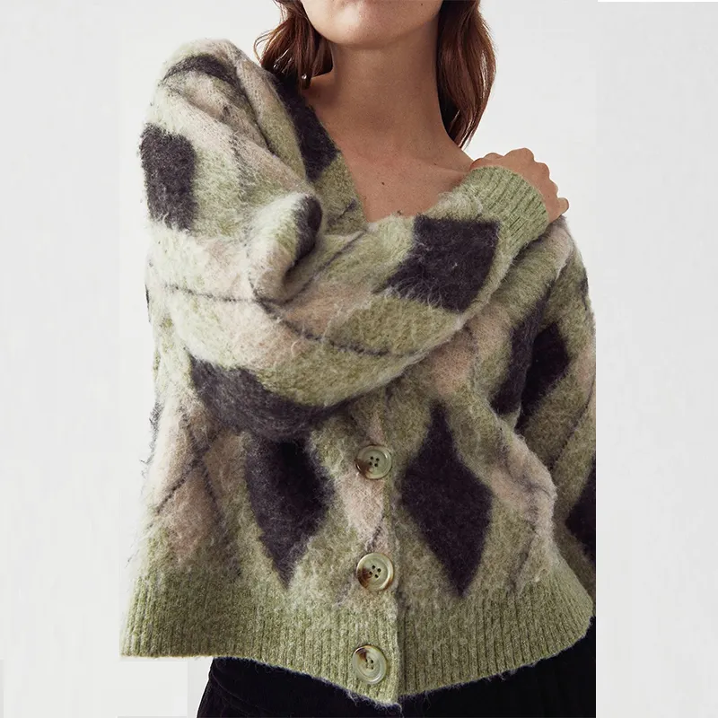Cárdigan de lana de Alpaca para mujer, suéteres de moda con cuello de pico geométrico OEM, suéter de punto, cárdigan, Otoño e Invierno