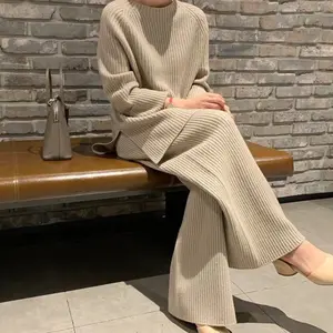 Knitted Sweater 2 Piece Set For Women Spring Autumn And Winter New Loose Casual Solid Color Wide-Leg Pants Top And Pants Set