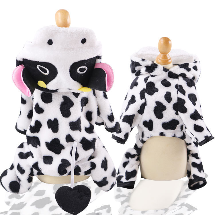 A four-legged flannel black and white cow transforms