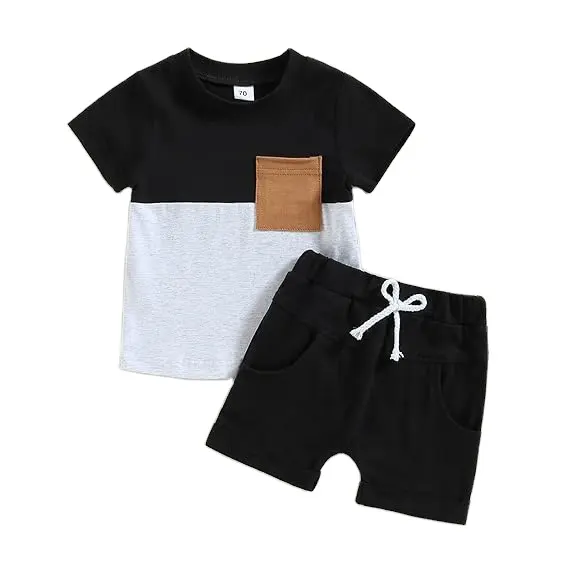 Hot Sale Sommer Kurzarm Kontrast farbe T-Shirt Top Elastic Solid Shorts Outfits Süße Jungen Set Für Kinder