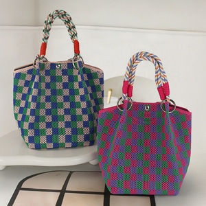 Zequel New Cute and Fresh Fashion Polyester Crochet Shoulder Bag Women's Checkerboard Checkered Handbag Sweet Woven Bag