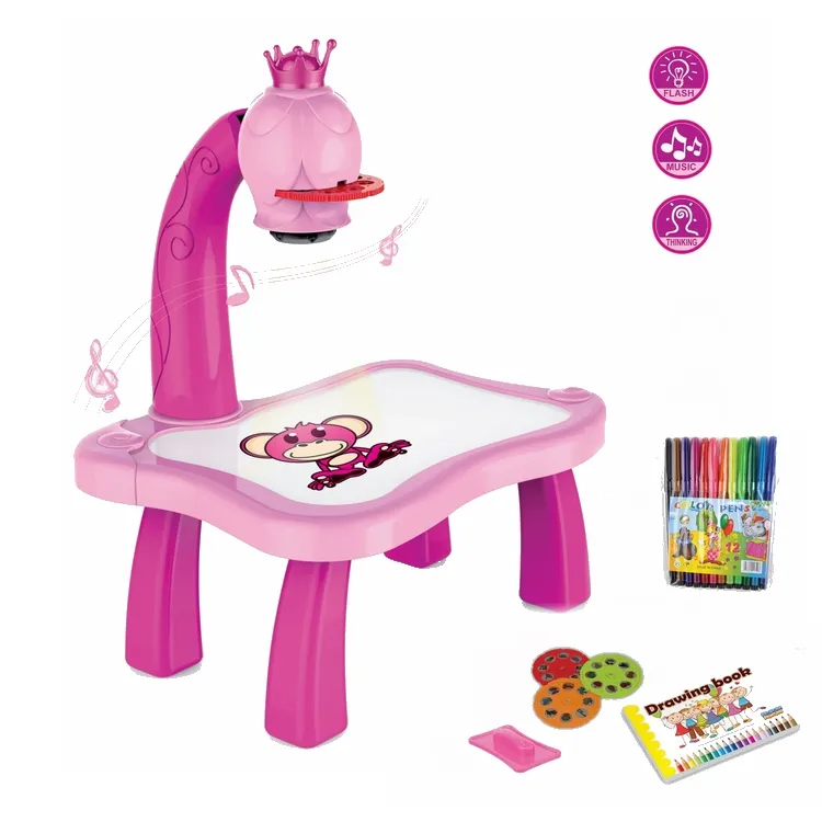 Proyector de pintura 3 en 1 para niños, mesa de dibujo, escritorio de aprendizaje educativo, juguetes de dibujo con música