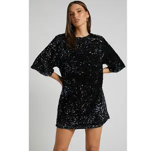 Popular Sequin Style Women's T Shirt Dresses Black Short Sleeve Colorful Shiny Casual Summer Clothing Crew Neck Summer Dress