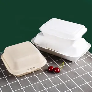 Biologisch Afbreekbare Natuurlijke Recycle Suikerriet Bagasse Box Clamshell Haal Voedselcontainers Burger Doos