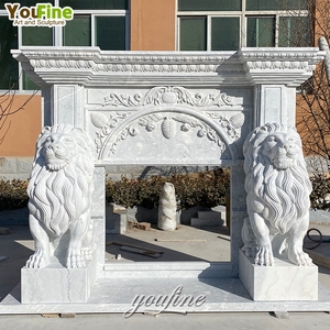 Cheminée en marbre blanc sculpté à la main avec lion - Product Image 1