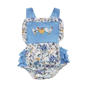 SR0285 butik pakaian anak perempuan, romper renda tali biru cetak bunga bordir ayam kualitas tinggi dapat disesuaikan