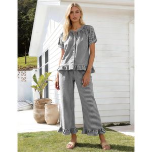 FOXA Womens Striped Pajama Set 2 Piece Cotton Ruffle Button <b>Down</b> Top Long <b>Pants</b> Soft Sleepwear With Pockets - Product Image 5