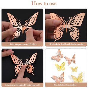 12Pcs 3D Papillon Décor Papillon Décoration Murale Autocollants Papillons Dorés pour Fête Anniversaire Gâteau <span class=keywords><strong>Chambre</strong></span> et Décorations Murales - Product Image 6