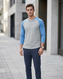 Camiseta de Manga Larga para Hombre, Cuello en V, Manga Raglán, Color Gris Azul Sólido, Tejido Casual, Transpirable, Corte Regular - Product Image 1