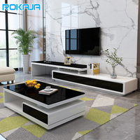 Ensemble de meuble TV et table basse au design minimaliste, salon de luxe, table basse en verre trempé laqué avec tiroir