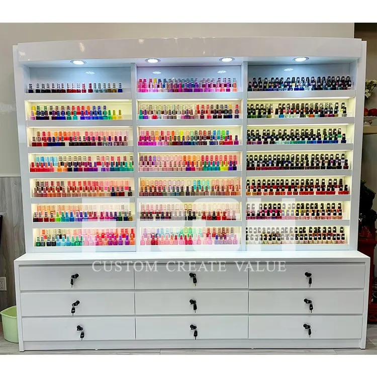 Chine fournisseurs personnalisé faire moderne bois mur support Solon meubles vernis à ongles support vitrine