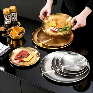 ชามสลัด/พาสต้า สเตนเลสสตีลสีทองสไตล์เกาหลี จานสเต็กทรงหมวกฟาง จานใส่เครื่องปรุงสำหรับร้านบาร์บีคิว - Product Image 1