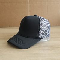 Topi Baseball 5 Panel Berkualitas Tinggi Sublimasi Polos Hitam Model Trucker dengan Tali, Custom Motif Leopard, Topi Trucker Berbahan Mesh Busa