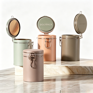 Barattolo in Latta Rotondo Personalizzato per Alimenti con Coperchio a Cerniera e Chiusura a Clip per Confezionamento di Caffè, <span class=keywords><strong>Biscotti</strong></span> e Tè - Product Image 1