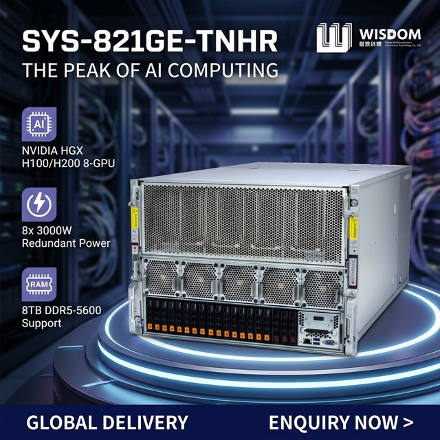 H200 8 GPU SYS-821GE-TNHR 8U Dual 5th Gen Intel Xeon 8TB DDR5 5600 PCIe 5 0 LLM Conversational AI High Performance GPU Server