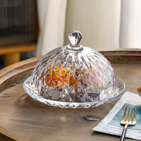 Cloche de présentation alimentaire ronde en verre sodocalcique, motif diamant gaufré, avec plateau, durable et réutilisable pour les boulangeries