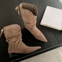Bottes d'équitation pour femme en cuir véritable, à talon épais, mi-mollet, hiver, à bout pointu, à enfiler