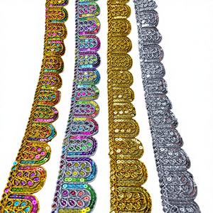 Encaje de Poliéster Suave con Lentejuelas Metálicas Bordadas y Pedrería, Tacto Suave, Decoración para Lehenga de Novia, Exportación al por Mayor TSL 9 - Product Image 1