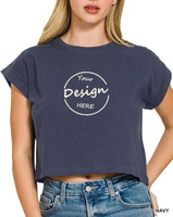T-shirt court personnalisé pour femme, anti-humidité, séchage rapide, imprimé en relief, manches courtes pliées, en polyester et élasthanne, crop top pour femme