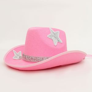 Women's <b>Pink</b> Cloth Cowboy Hat with Sparkling Star Rhinestone <b>Sequins</b> for Bridal Party Wedding Western Theme Accessories - Product Image 4