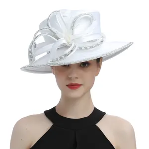 Mükemmel en popüler saten kumaş kilise şapka Deluxe benzersiz fotoğraf düğün şapka fantezi resmi çiçek Fascinator silindir şapka kadın