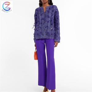 Custom Trimmed Cable Knit <strong>Cardigan</strong> in <strong>Purple</strong> Thick Knitted Warm Casual Sweater Women - Product Image 5