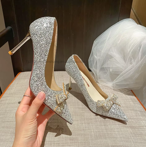 Factory Wholesale Spring/Summer Collection New High Heels Silver Crystal Princess <b>Shoes</b> Straps Button Cushioned Fashioned - Product Image 6