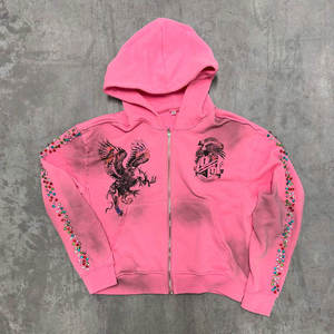 Sudadera con capucha rosa con pedrería y estampado, con cremallera, estilo urbano, oversize, unisex, con logo personalizado. - Product Image 1