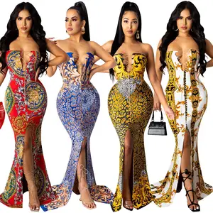 2022 nueva llegada de Mujeres de verano Sexy sin tirantes vestido estampado con cuello en V Venta caliente señoras elegante Bodycon vendaje hendidura vestido tradicional