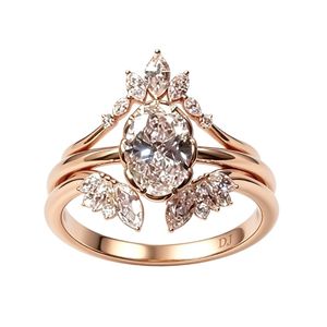925 Sterling Silver Rose Gold Oval White Topaz <b>Ring</b> Marquise Cluster Crown <b>Stacked</b> Design Engagement <b>Ring</b> - Product Image 1
