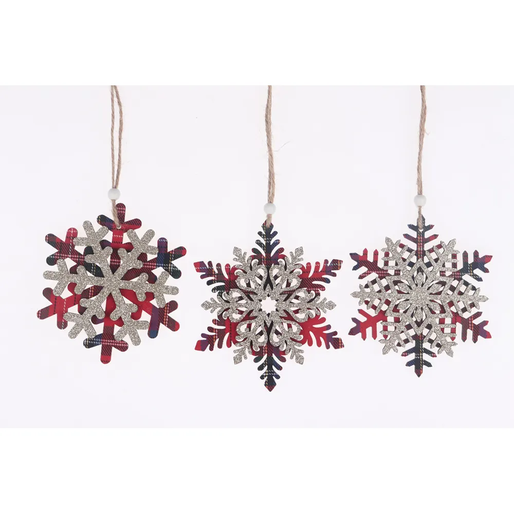Wooden red lattice gold dust snowflake pendant  Christmas tree hanging decoration