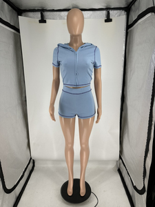 Logo personalizzato 2025 estate sudore da donna con cerniera per motociclista Set corto Top corto con cappuccio 2 pezzi Jogger due pezzi Set abbigliamento donna - Product Image 6