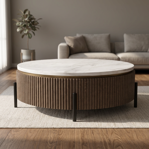 Modern Nara <b>Coffee</b> <b>Table</b> <b>Round</b> Marble Top with Fluted <b>Wood</b> Base and Black Metal Legs for Luxury Living Room Hotel Lobby - Product Image 5