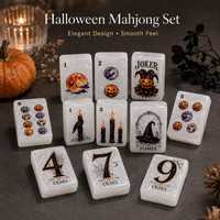 Jeu de tuiles de Mahjong américain thème Sorcière Gothique Halloween, tuiles élégantes Citrouille et Fantôme, texture marbre, pour divertissement familial
