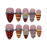 Kuku Akrilik Pre-Desain Buatan Tangan Motif Bunga Kecil 3D Garis Polkadot Kontras Merah Anggur Almond Kartun Retro Amerika