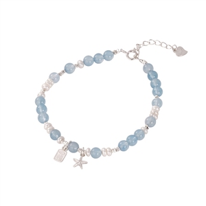 Pulsera Tichi de Plata de Ley S925 con Aguamarina Natural Exquisita para Mujer, Diseño Elegante y Moderno con Estrellas de Mar y Perlas en Capas - Product Image 5