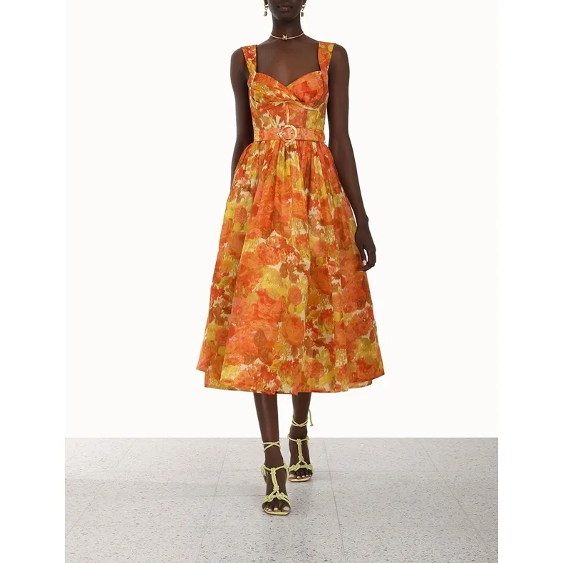 2023 Trendy New Print Orange Sleeveless A line Long Dress Women Lady Elegant Women's Corset Sundress Women Summer