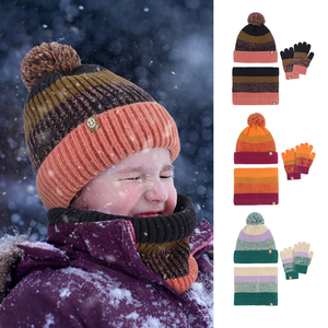 Bonnet <span class=keywords><strong>d</strong></span>'<span class=keywords><strong>hiver</strong></span> pour enfants, ensemble de gants et foulards pour garçons et filles de 2 à 10 ans, bonnet doublé en polaire avec pompon, cache-cou en tricot - Product Image 1