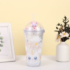 Cute 450ml Rainbow Unicorn Cat Pattern Double Wall <b>Plastic</b> <b>Straw</b> Cup with Pom Pom Decor Dome Lid for Kawaii Girls Daily Summer - Product Image 1