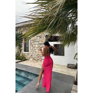 Maillot de bain fuchsia taille haute coupe coquine, style 2 pièces à nouer avec motif tricoté, idéal pour la plage et le sport - Product Image 2