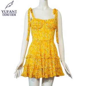 YuFan, Título personalizado, volantes en capas, correa corta, plisado, línea A, vestido informal Floral para mujer, playa de verano